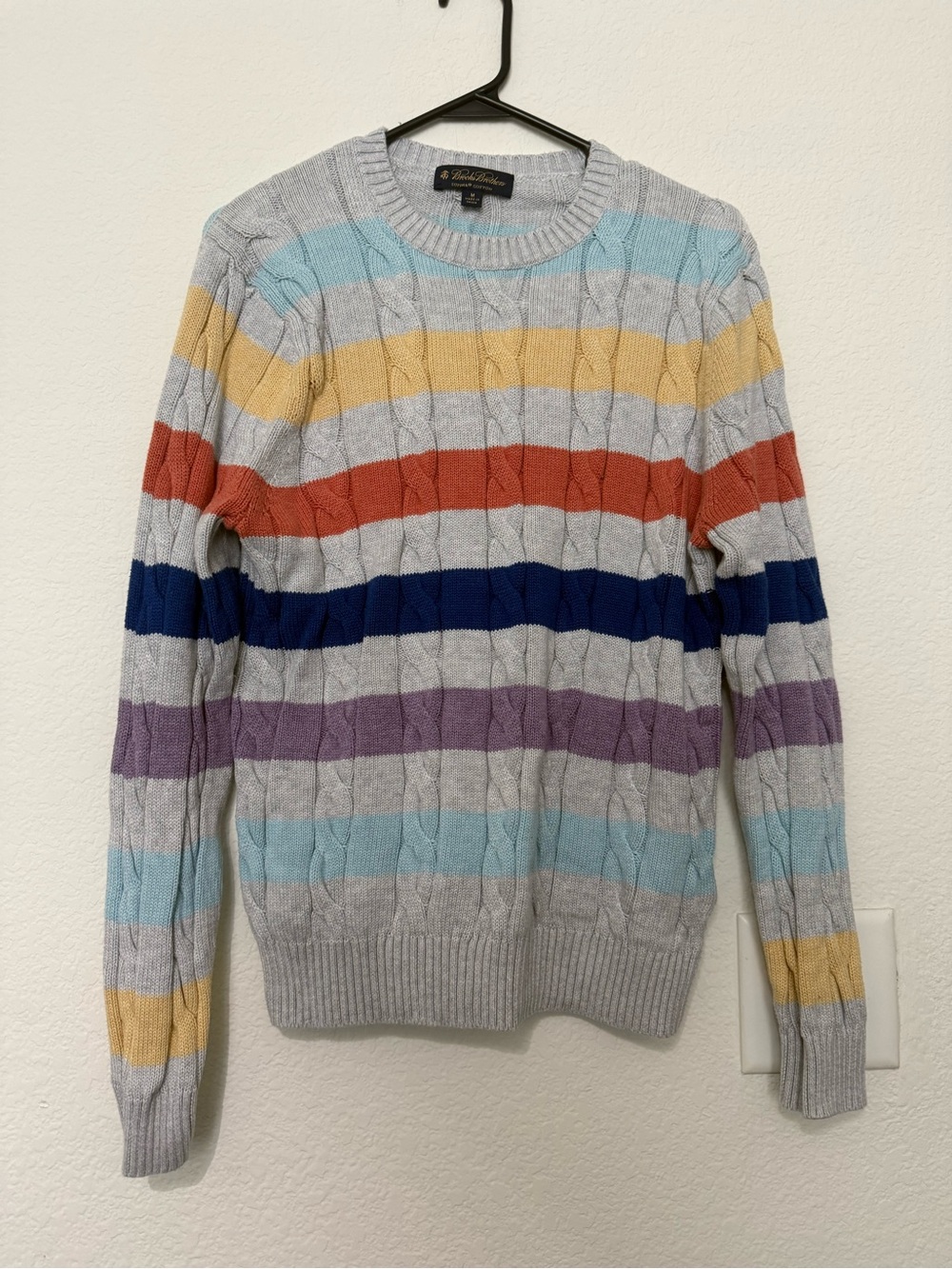 Brooks Brothers Light Gray Cable Knit Crewneck with Multi-Color Stripes